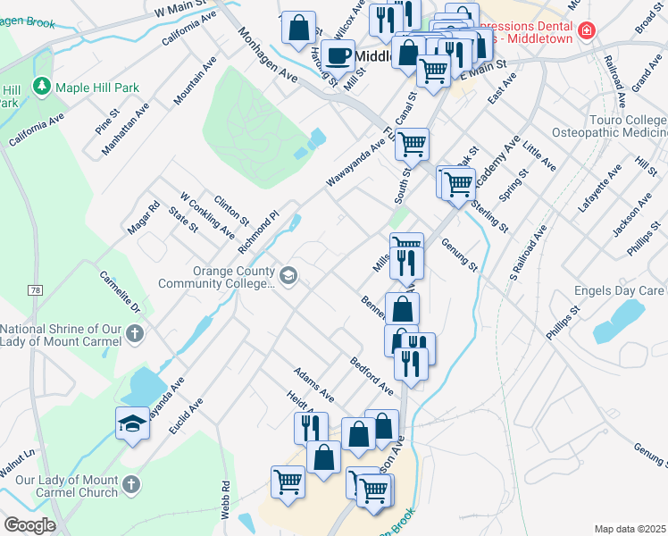 map of restaurants, bars, coffee shops, grocery stores, and more near 115 South Street in Middletown