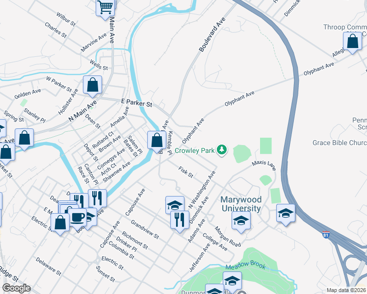 map of restaurants, bars, coffee shops, grocery stores, and more near 832 Raines Street in Scranton