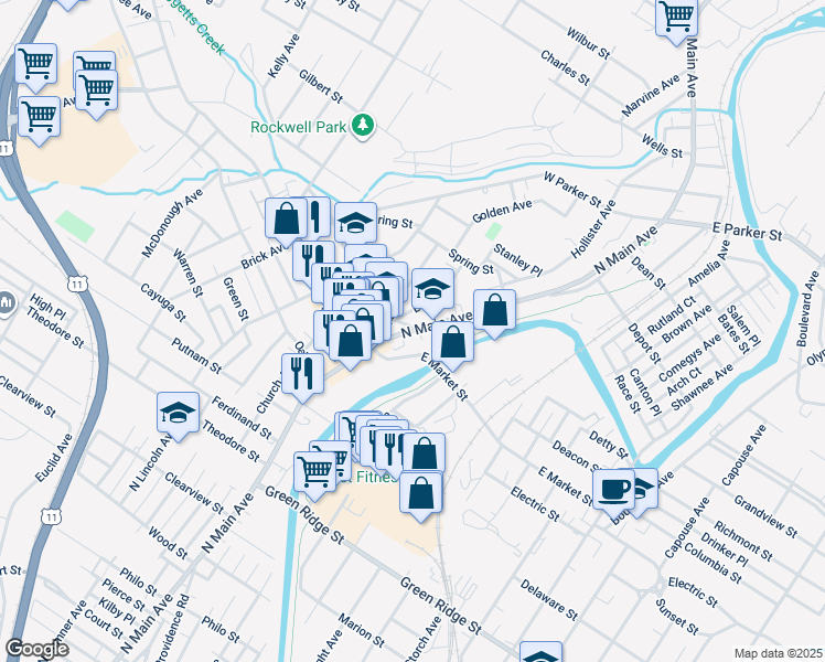 map of restaurants, bars, coffee shops, grocery stores, and more near North Main Avenue in Scranton