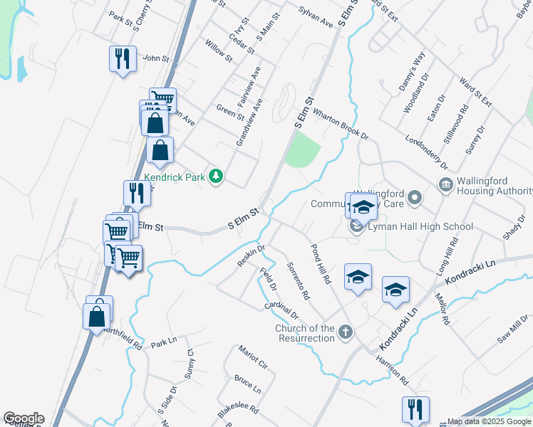 map of restaurants, bars, coffee shops, grocery stores, and more near 461 South Elm Street in Wallingford