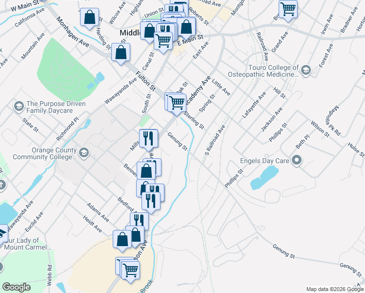map of restaurants, bars, coffee shops, grocery stores, and more near 35 Genung Street in Middletown