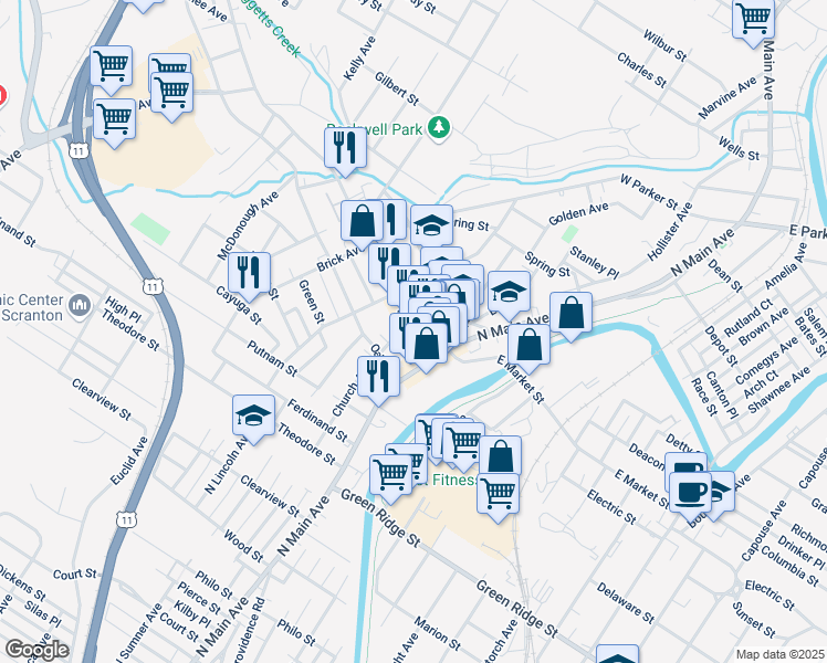 map of restaurants, bars, coffee shops, grocery stores, and more near 212 West Market Street in Scranton