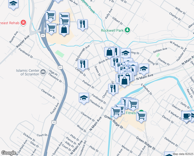 map of restaurants, bars, coffee shops, grocery stores, and more near 326 1/2 Warren Street in Scranton