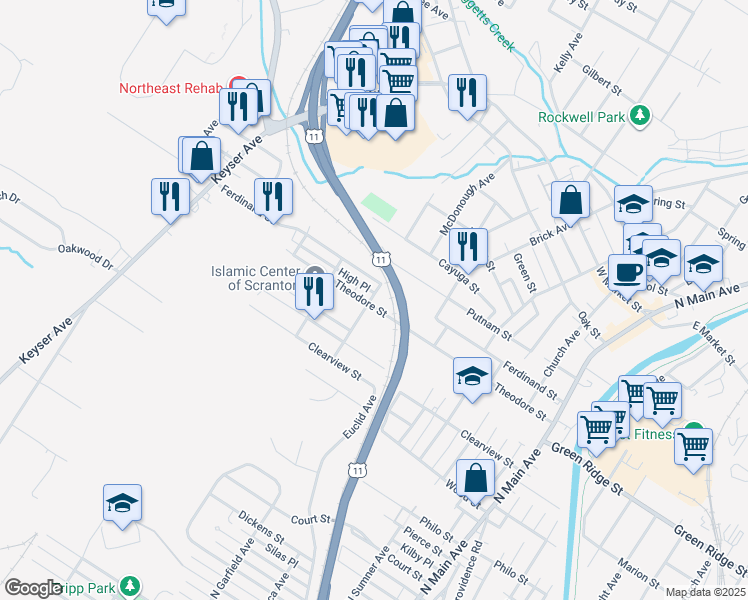map of restaurants, bars, coffee shops, grocery stores, and more near 613 Ferdinand Street in Scranton