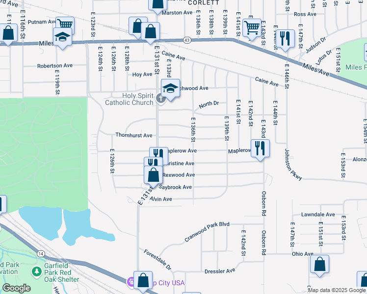 map of restaurants, bars, coffee shops, grocery stores, and more near 13306 Thornhurst Avenue in Garfield Heights