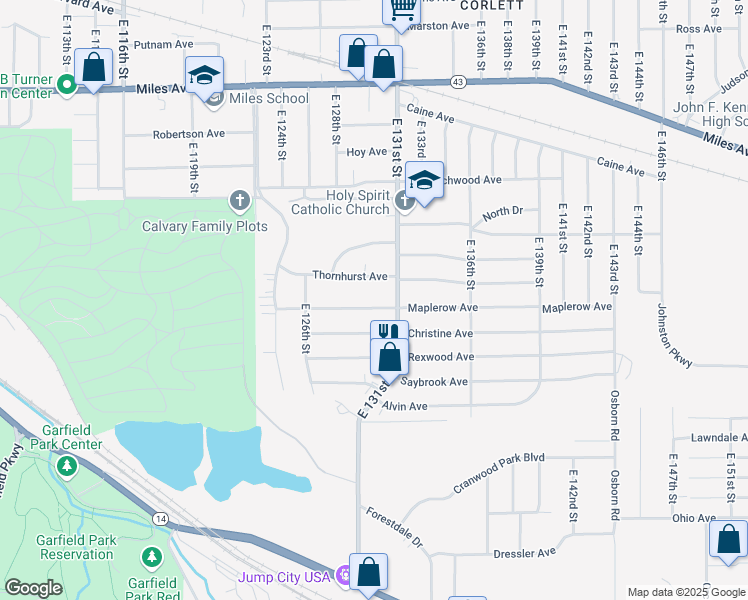 map of restaurants, bars, coffee shops, grocery stores, and more near 12906 Thornhurst Avenue in Garfield Heights