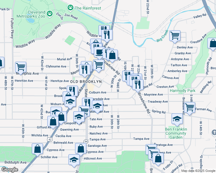map of restaurants, bars, coffee shops, grocery stores, and more near 3108 Devonshire Road in Cleveland
