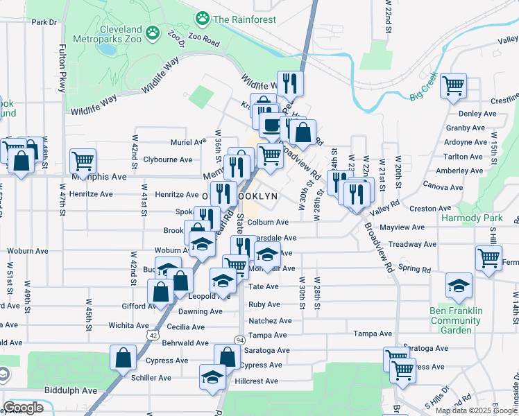 map of restaurants, bars, coffee shops, grocery stores, and more near 3307 Altoona Road in Cleveland