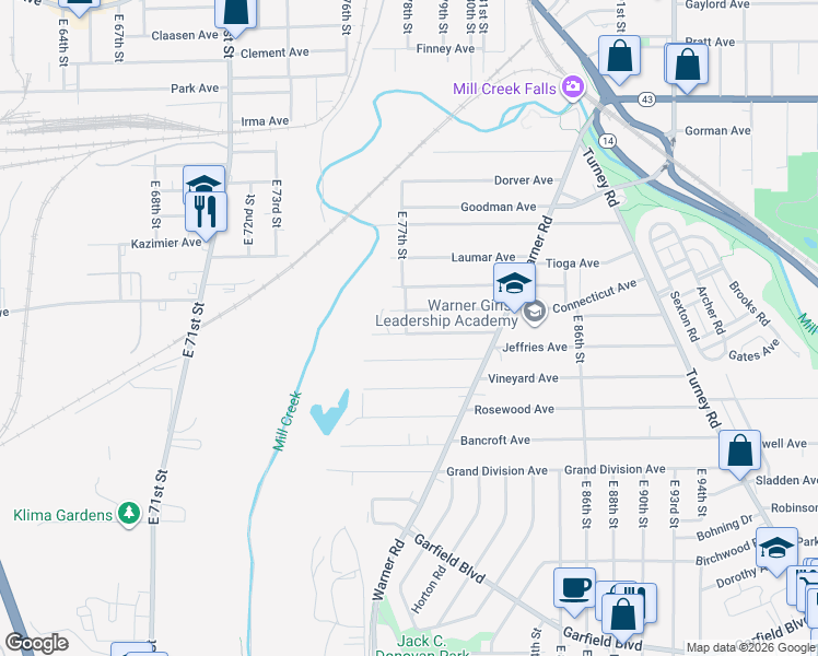 map of restaurants, bars, coffee shops, grocery stores, and more near 7701 New York Avenue in Cleveland