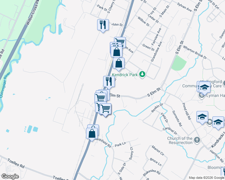map of restaurants, bars, coffee shops, grocery stores, and more near 73 Terrace Gardens in Wallingford