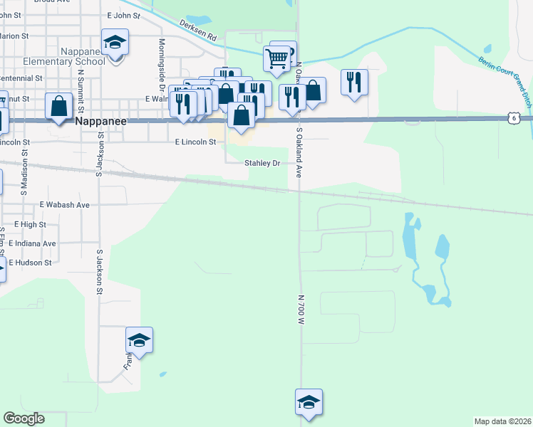 map of restaurants, bars, coffee shops, grocery stores, and more near 1301 Stahly Drive in Nappanee