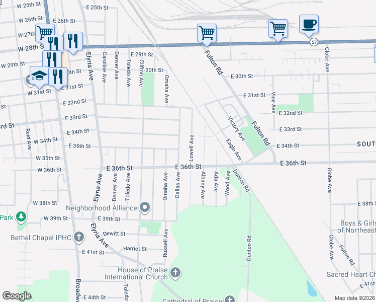 map of restaurants, bars, coffee shops, grocery stores, and more near 3426 Lowell Avenue in Lorain