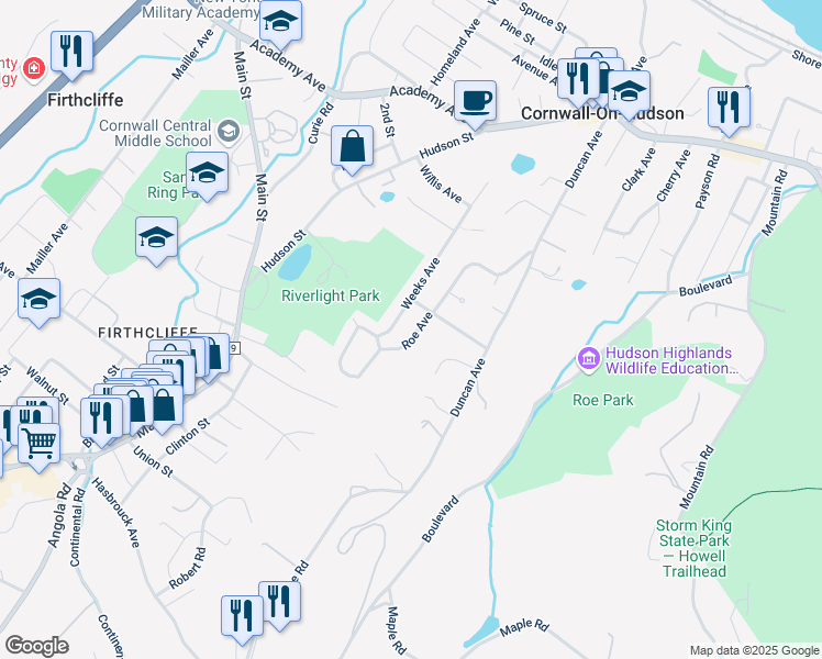 map of restaurants, bars, coffee shops, grocery stores, and more near 104 Weeks Avenue in Cornwall-on-Hudson