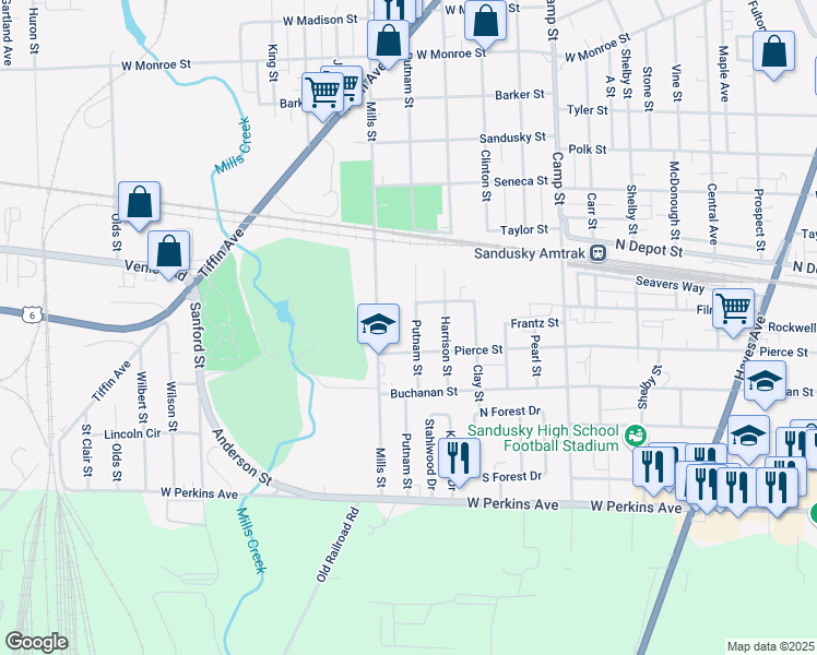 map of restaurants, bars, coffee shops, grocery stores, and more near 1803 Putnam Street in Sandusky