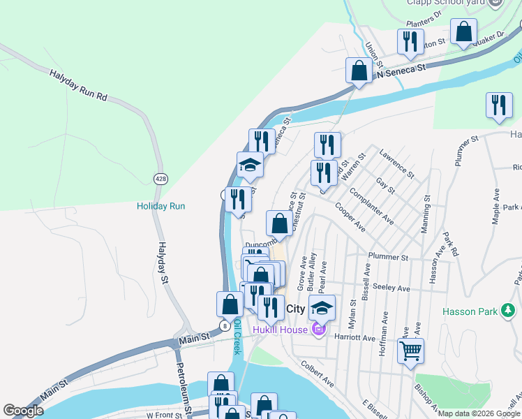 map of restaurants, bars, coffee shops, grocery stores, and more near 363 Seneca Street in Oil City