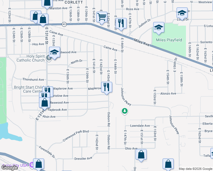 map of restaurants, bars, coffee shops, grocery stores, and more near 4436 East 143rd Street in Cleveland