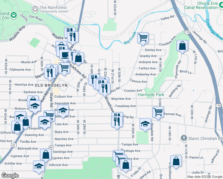 map of restaurants, bars, coffee shops, grocery stores, and more near 4283 West 22nd Street in Cleveland