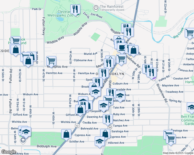map of restaurants, bars, coffee shops, grocery stores, and more near 3715 Henritze Avenue in Cleveland