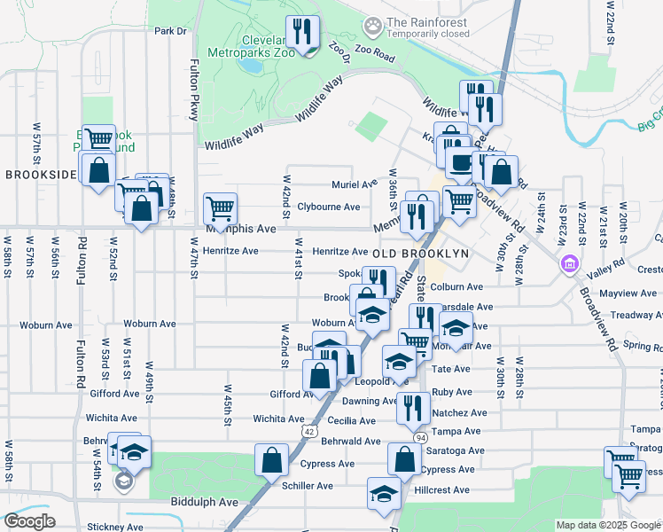 map of restaurants, bars, coffee shops, grocery stores, and more near 3824 Henritze Avenue in Cleveland