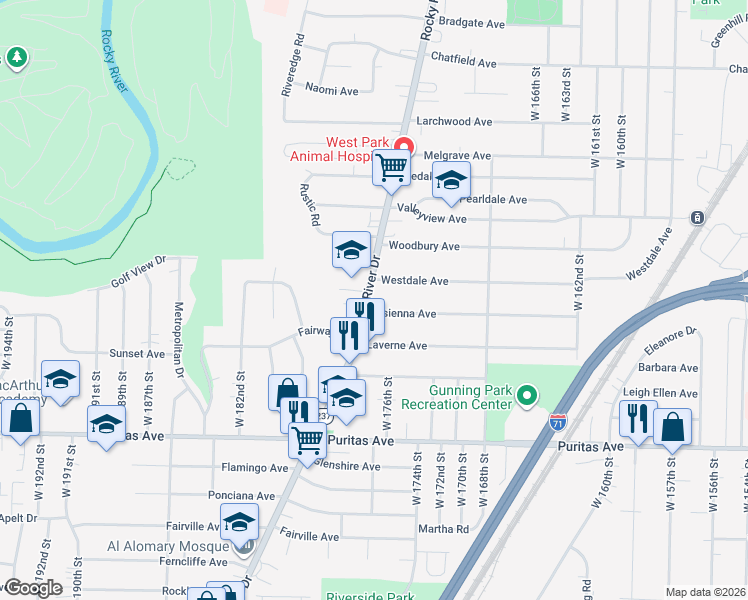 map of restaurants, bars, coffee shops, grocery stores, and more near 4260 Rocky River Drive in Cleveland