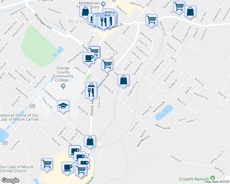 map of restaurants, bars, coffee shops, grocery stores, and more near 35 Genung Street in Middletown