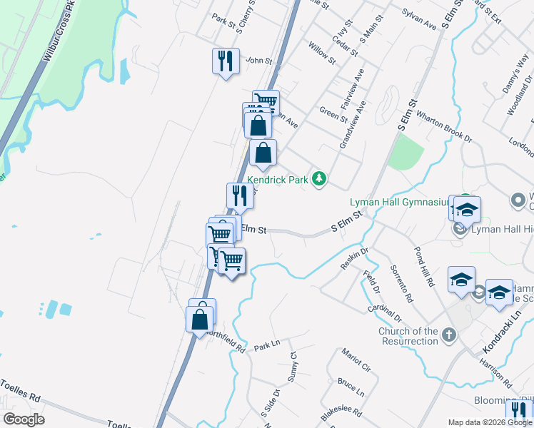 map of restaurants, bars, coffee shops, grocery stores, and more near 73 Terrace Gardens in Wallingford