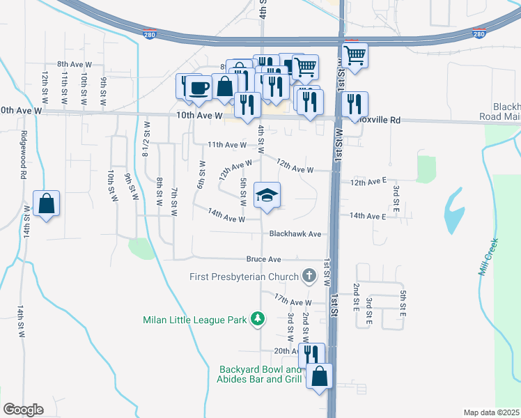 map of restaurants, bars, coffee shops, grocery stores, and more near 1307 4th Street West in Milan