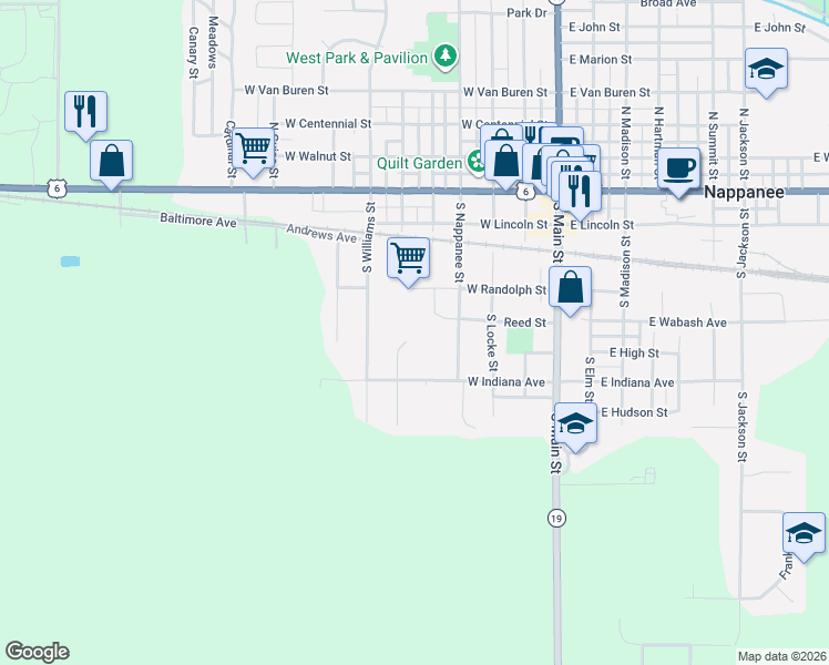 map of restaurants, bars, coffee shops, grocery stores, and more near 501 West Randolph Street in Nappanee