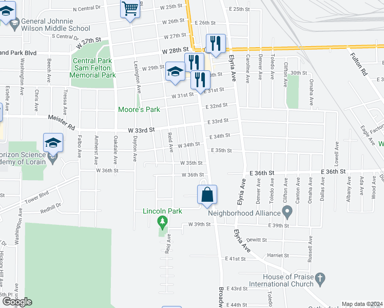 map of restaurants, bars, coffee shops, grocery stores, and more near 3433 Livingston Avenue in Lorain