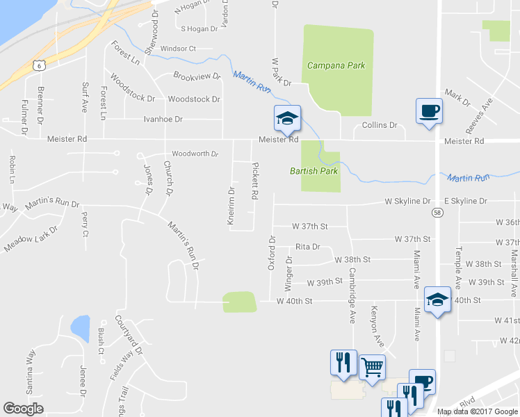 map of restaurants, bars, coffee shops, grocery stores, and more near 3441 Pickett Road in Lorain