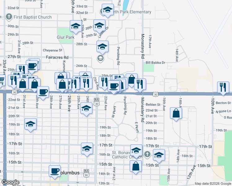 map of restaurants, bars, coffee shops, grocery stores, and more near 2117 23rd Street in Columbus