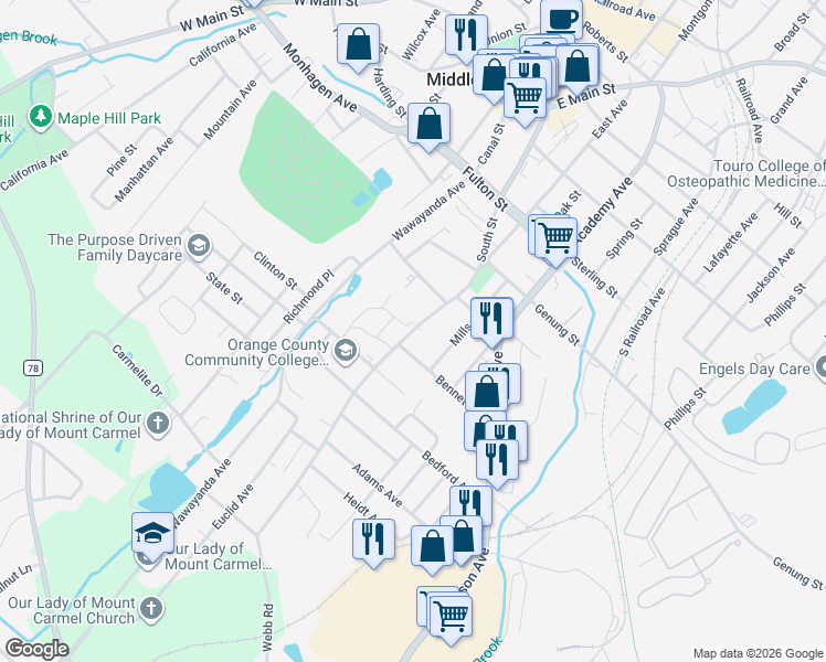map of restaurants, bars, coffee shops, grocery stores, and more near South Street in Middletown