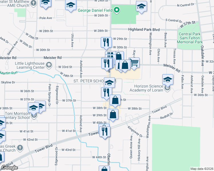map of restaurants, bars, coffee shops, grocery stores, and more near 1216 West 35th Street in Lorain