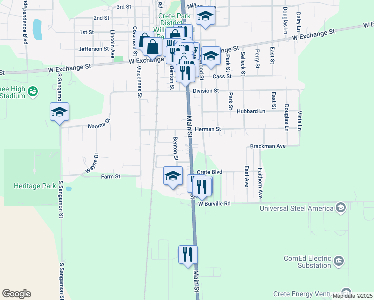 map of restaurants, bars, coffee shops, grocery stores, and more near 1514 Main Street in Crete