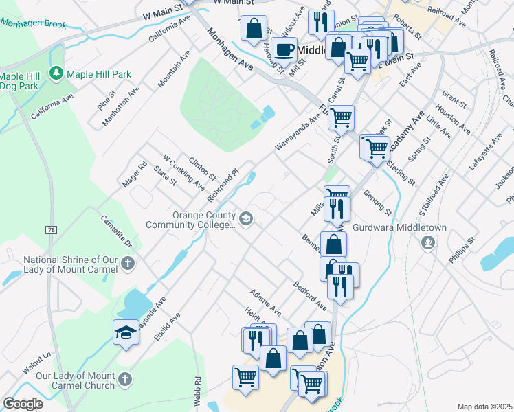 map of restaurants, bars, coffee shops, grocery stores, and more near Orange County Community College in Middletown