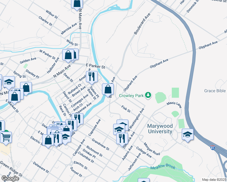 map of restaurants, bars, coffee shops, grocery stores, and more near 2517-2631 Boulevard Ave in Scranton