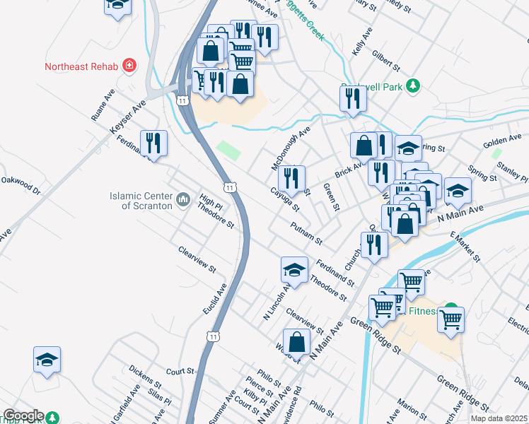 map of restaurants, bars, coffee shops, grocery stores, and more near 408 Putnam Street in Scranton