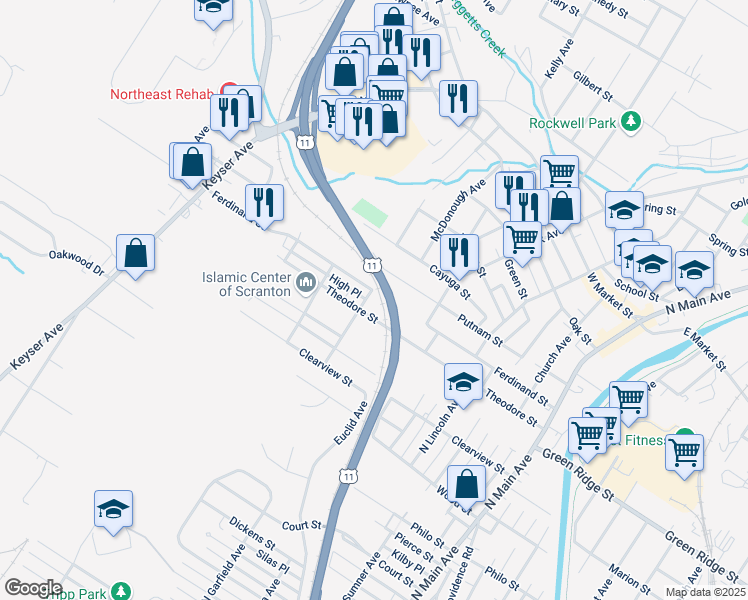 map of restaurants, bars, coffee shops, grocery stores, and more near 613 Ferdinand Street in Scranton