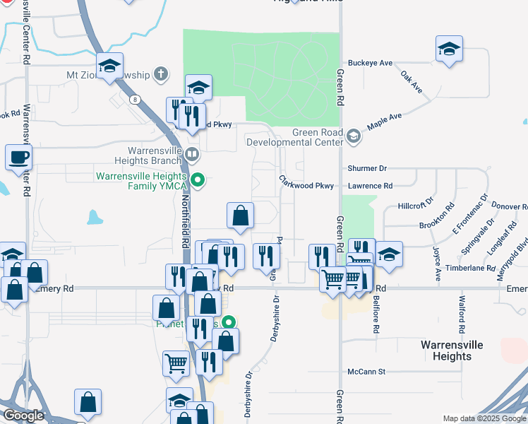 map of restaurants, bars, coffee shops, grocery stores, and more near 4471 Granada Boulevard in Warrensville Heights