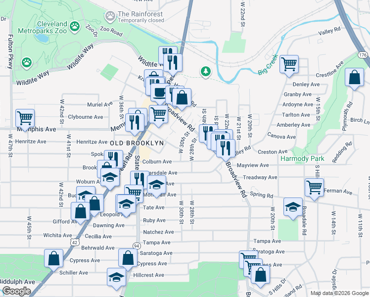 map of restaurants, bars, coffee shops, grocery stores, and more near 3108 Devonshire Road in Cleveland
