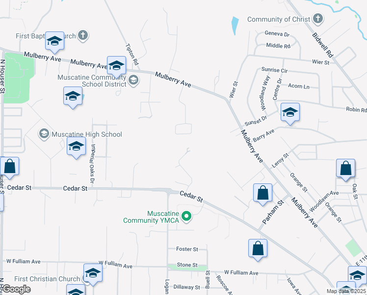 map of restaurants, bars, coffee shops, grocery stores, and more near 35 Colony Drive in Muscatine
