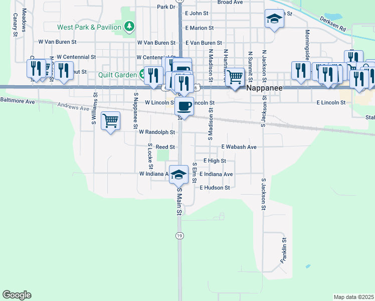 map of restaurants, bars, coffee shops, grocery stores, and more near 455 South Main Street in Nappanee