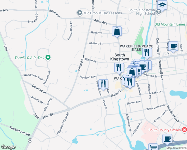 map of restaurants, bars, coffee shops, grocery stores, and more near 125 Highland Avenue in South Kingstown