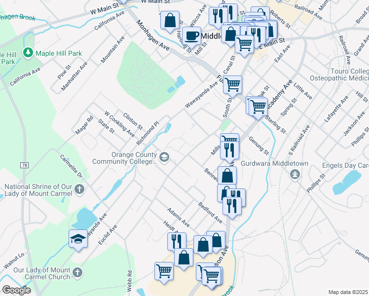 map of restaurants, bars, coffee shops, grocery stores, and more near 115 South Street in Middletown