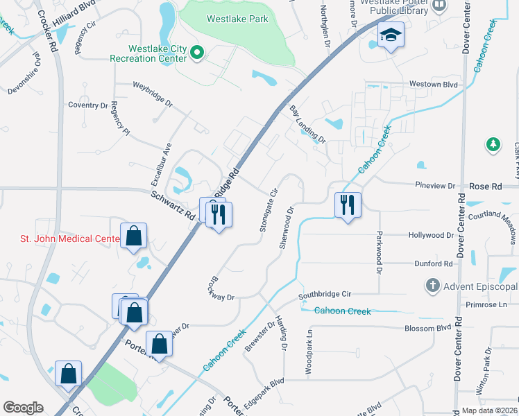 map of restaurants, bars, coffee shops, grocery stores, and more near 28462 Stonegate Circle in Westlake