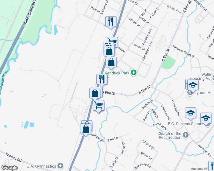 map of restaurants, bars, coffee shops, grocery stores, and more near 99 Terrace Gardens in Wallingford