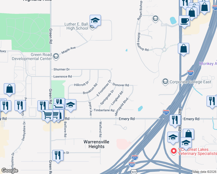 map of restaurants, bars, coffee shops, grocery stores, and more near 4455 East Frontenac Drive in Warrensville Heights