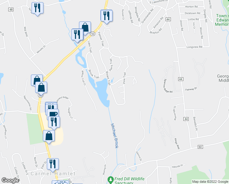 map of restaurants, bars, coffee shops, grocery stores, and more near 10 Oak Trail Court in Carmel Hamlet