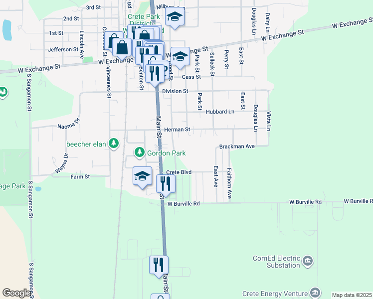 map of restaurants, bars, coffee shops, grocery stores, and more near 1529 Wood Street in Crete