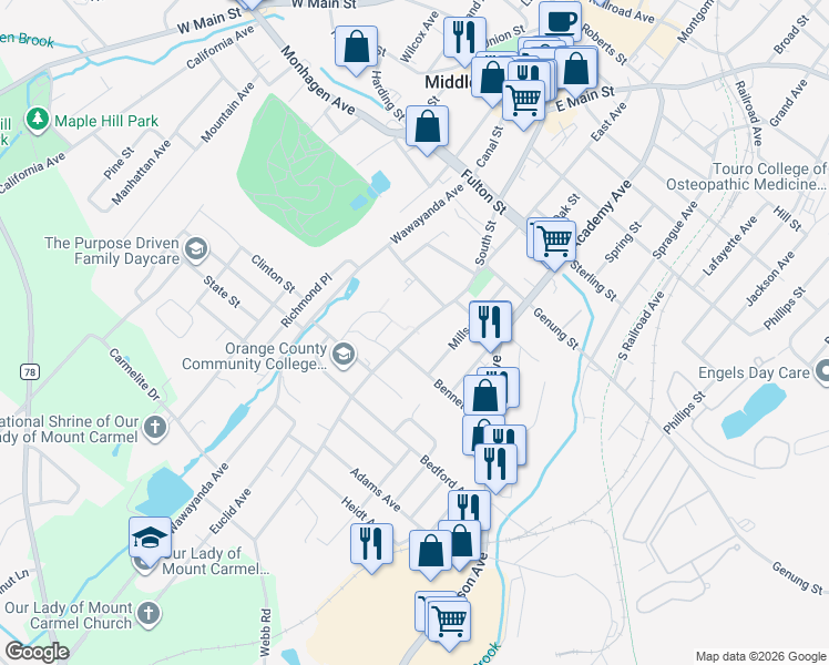 map of restaurants, bars, coffee shops, grocery stores, and more near South Street in Middletown